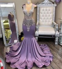 Luxury Lilac Mermaid Prom Dresses O-Neck Sleeveless Satin Crystal Evening Gowns