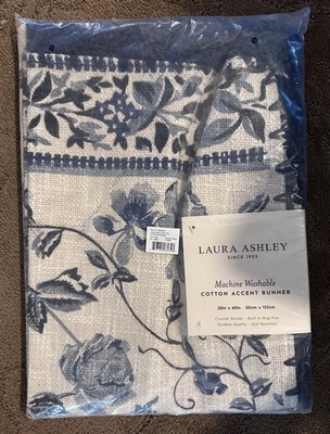 Laura Ashley Machine Washable Cotton Runner Rug, Blue/White Floral 20x60