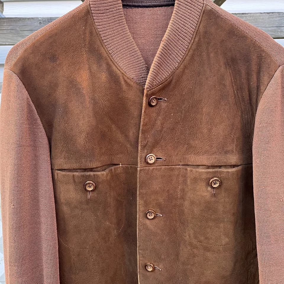 Vintage 60s 70s Cardigan Wool Suede Sweater Jacket Sz S Grandpa Rockabilly Brown - Image 3 of 4