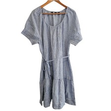 Lands End Large Linen Blend Midi Dress Blue Tiered Short Sleeve Tie Waist Beachy