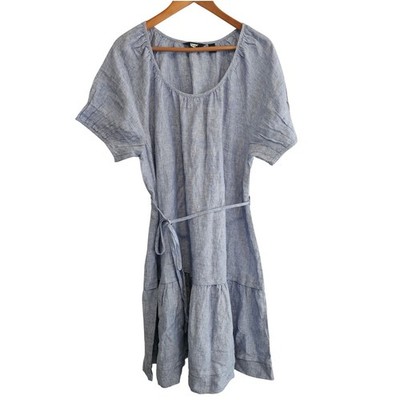 Lands End Large Linen Blend Midi Dress Blue Tiered Short Sleeve Tie Waist Beachy