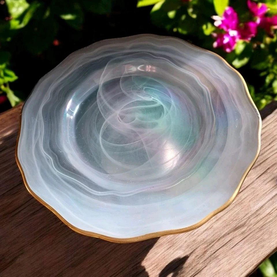 ¿Soporte para pasteles iridiscente de vidrio de alabastro vintage turco?  Vidrio arremolinado Foto 4 de 4