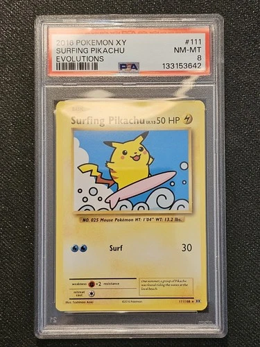 2016 POKEMON XY EVOLUTIONS #111 SURFING PIKACHU PSA 8