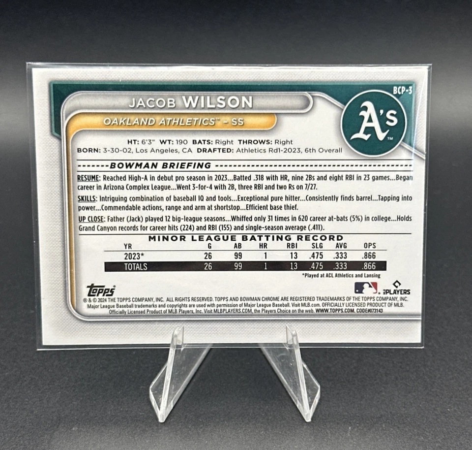 Jacob Wilson 2024 Bowman Sapphire Edition Chrome Prospects Yellow /75 #BCP-3 - Image 3 of 4