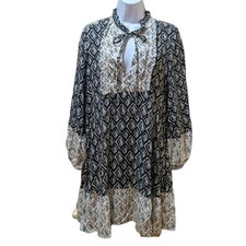 Zara Whimsy Goth Mini Dress Ruffled Collar & Tie Black/White Diamond Boho Size S