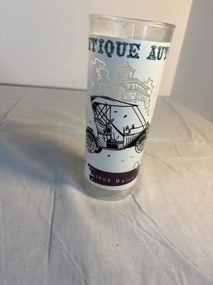 VTG Glass Antique Autos Classic 1908 Buick Frosted White Ice Tea Highball