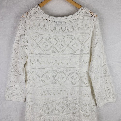 Cottagecore Boho XL Midi Dress 3/4 Sleeves White Lined Crochet Pullover Holiday - Picture 4 of 11