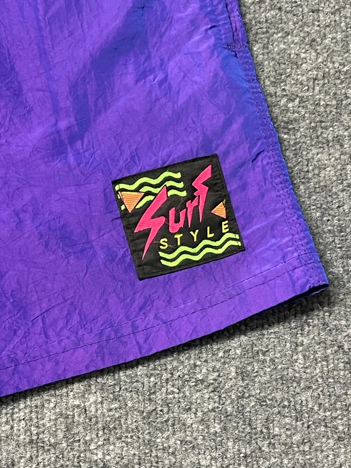 Vintage Surf Style Shorts Men’s Medium Iridescent Purple Nylon Neon Logo 90s - Image 4 of 4