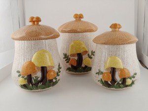 Set-of-3-Arnels-1978-Mushroom-Vintage-Cookie-Jar-034-ELM-034-Retro-Kitchen-Containers