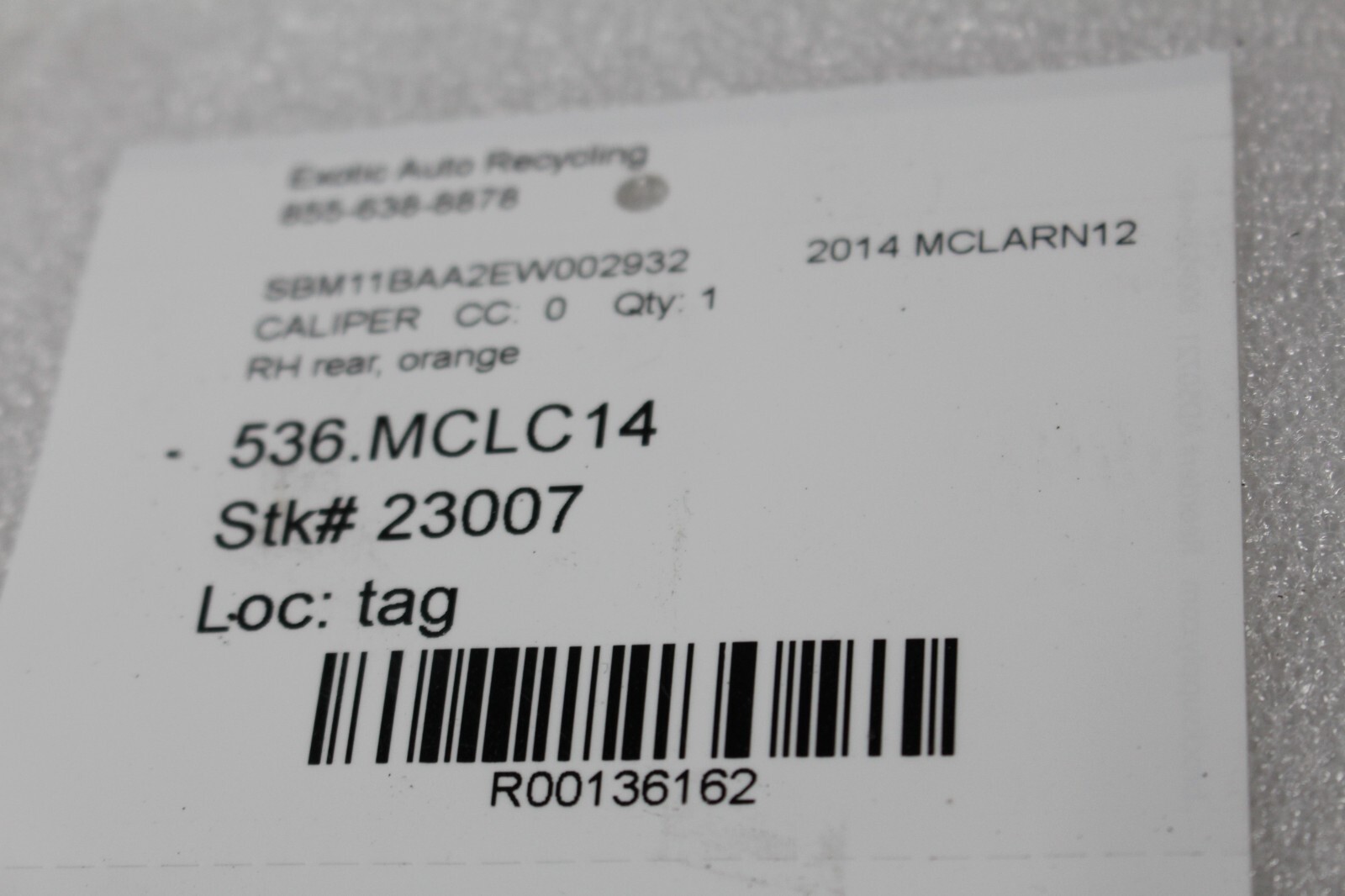 McLaren MP4-12C, RH, Right, Rear Brake Caliper, Orange, Used