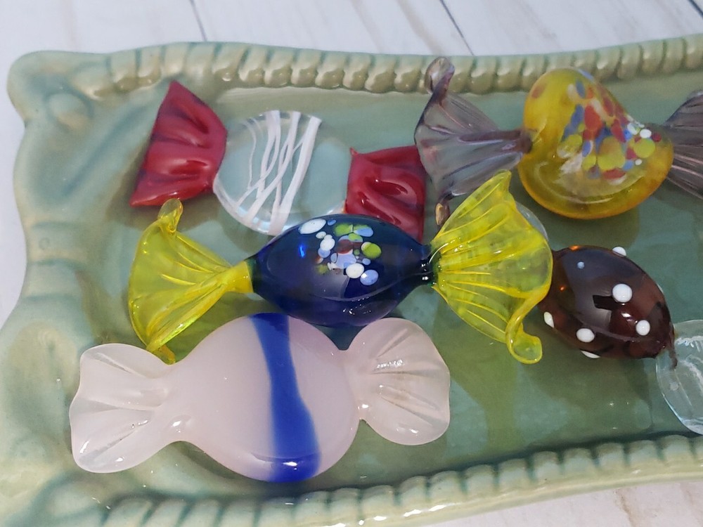 Murano Style Blown Art Glass Wrapped Candy w/ Tray