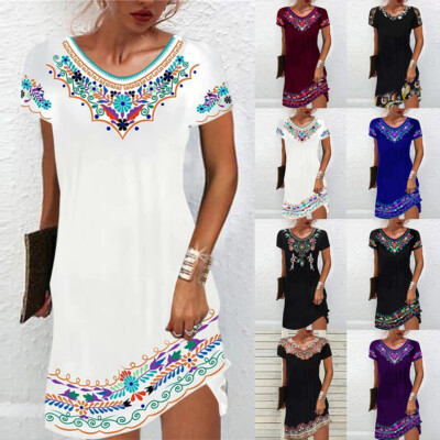 Women's Summer Boho PRINT Dresses Ladies Short Sleeve Midi