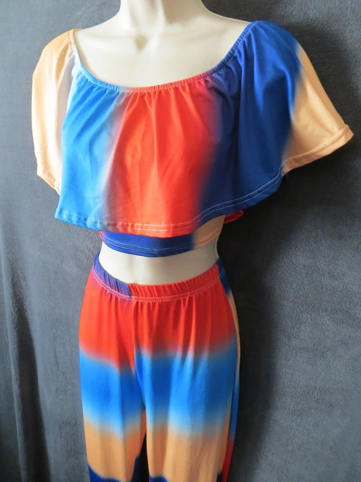 Сексуальный радужный омбр хиппи костюм Fiesta оборки укороченный верхний колокольчик низ брюки комплект M - Изображение 3 из 4