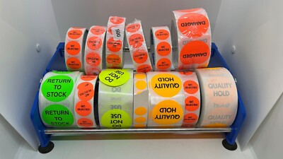 Collection of Quality Control Assurance QA QC Sticker Rolls w/ U-Line Holder