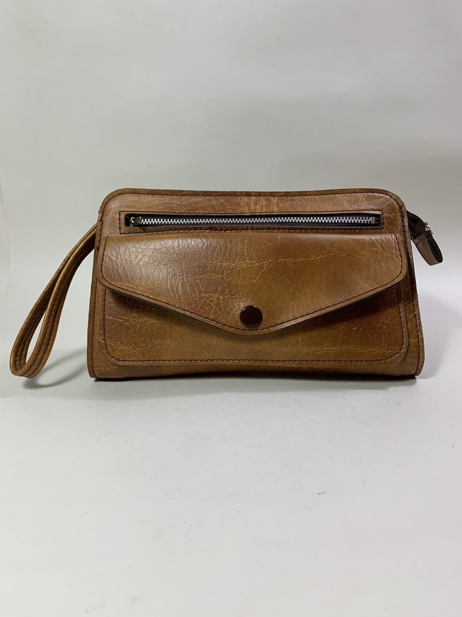 Vintage Tan Faux Leather Wristlet Clutch Bag With Wrist Strap White 