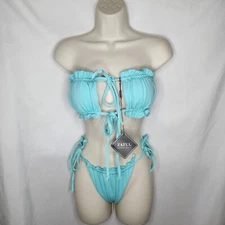 New Womens Zaful Textured Ruffle Strapless Tie Front Bandeau Bikini Celeste L