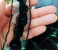 Rose  Beads Black Organza RIBBON Trimmings w/ Turquoise Teal Ruffle-like, Chic 