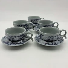 Vintage Yong Xing Porcelain Slate Blue & Blue Demitasse Tea Cups And Saucers