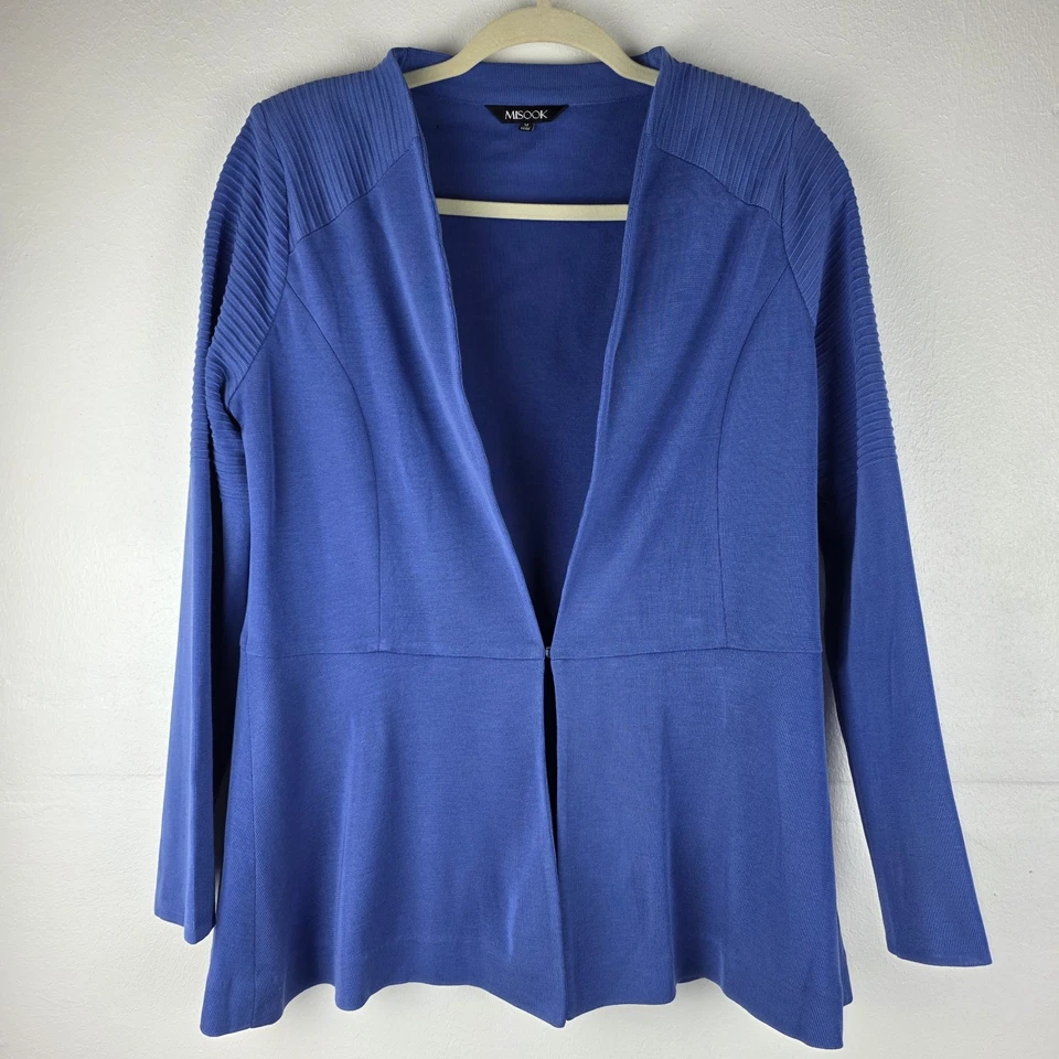 Misook Blue Knit 2 Piece Set Jacket & Skirt M Ribbed Cardigan Timeless Luxe  - Image 2 of 4