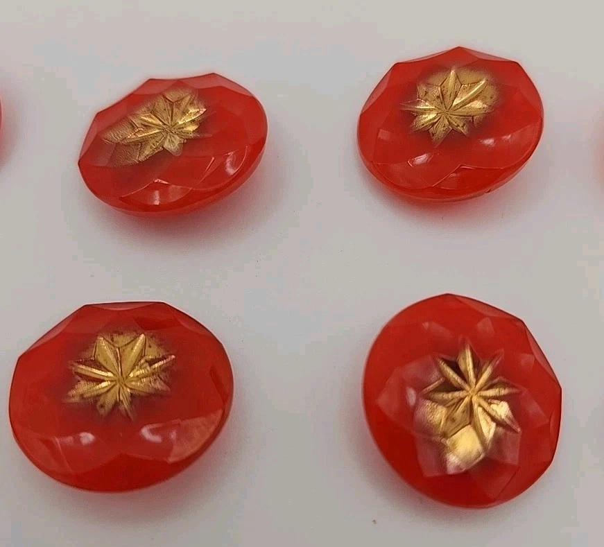 Vintage Czech Glass Faceted Orange Gold Tone Etched Glass Metal Shank Button Lot - Image 3 of 4