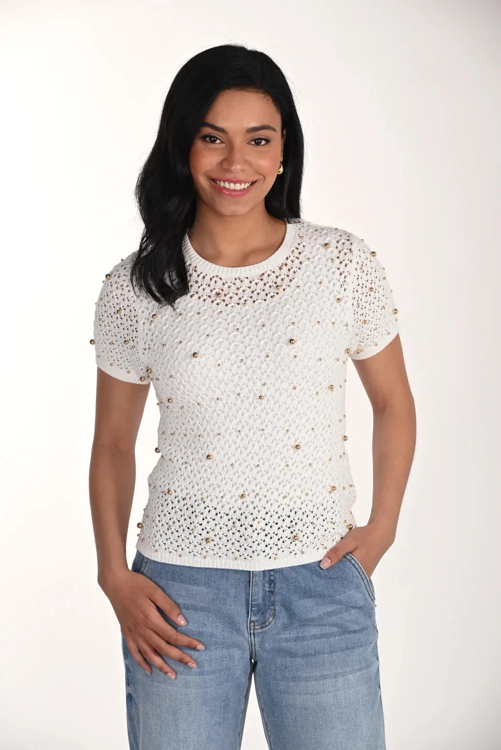 Frank Lyman 266510 Off-White Jewel Embellished Knit Top Original Price £175.00