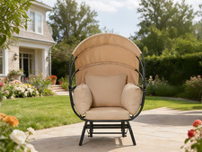 Outdoor Rocking Egg Chair w/ Canopy & Cushions - Steel Frame, Black+Taupe