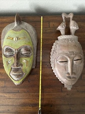 Set of 2 African Masks 14.5” & 15.5” Beaded Cowrie + Carved Figural Crest Decor
