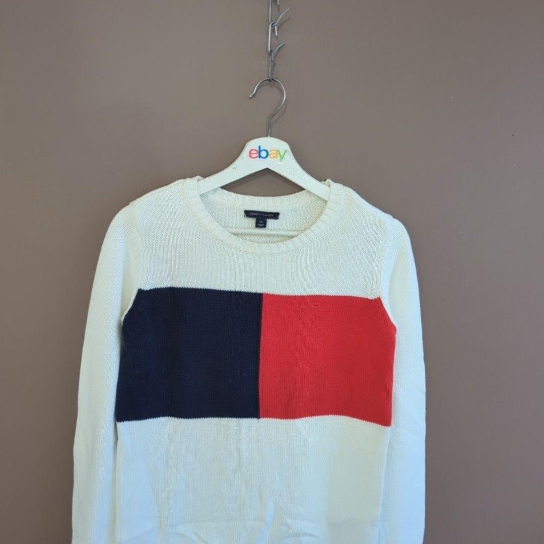 Tommy Hilfiger Sweater Womens S White Colourblock Logo Crewneck Knit Pullover image 2