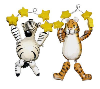 Vintage two wooden animals Zebra & Tiger ornaments approx 6'' tall with star hook