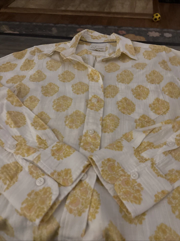 J. Camisa Crew Tela Estampado Floral Abotonada Mujer Talla 4 Manga Larga Dorada Usada en Excelente Condición Foto 2 de 4