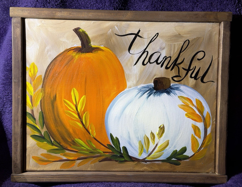 Thankful Pumpkin Wood Framed oil painting , Farmhouse Thanksgiving 15 x 12 in