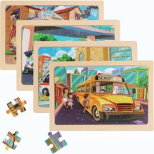Puzzles for Kids Ages 4-6, 4 Packs 24 Piece Wooden 24 pieces, School Bus