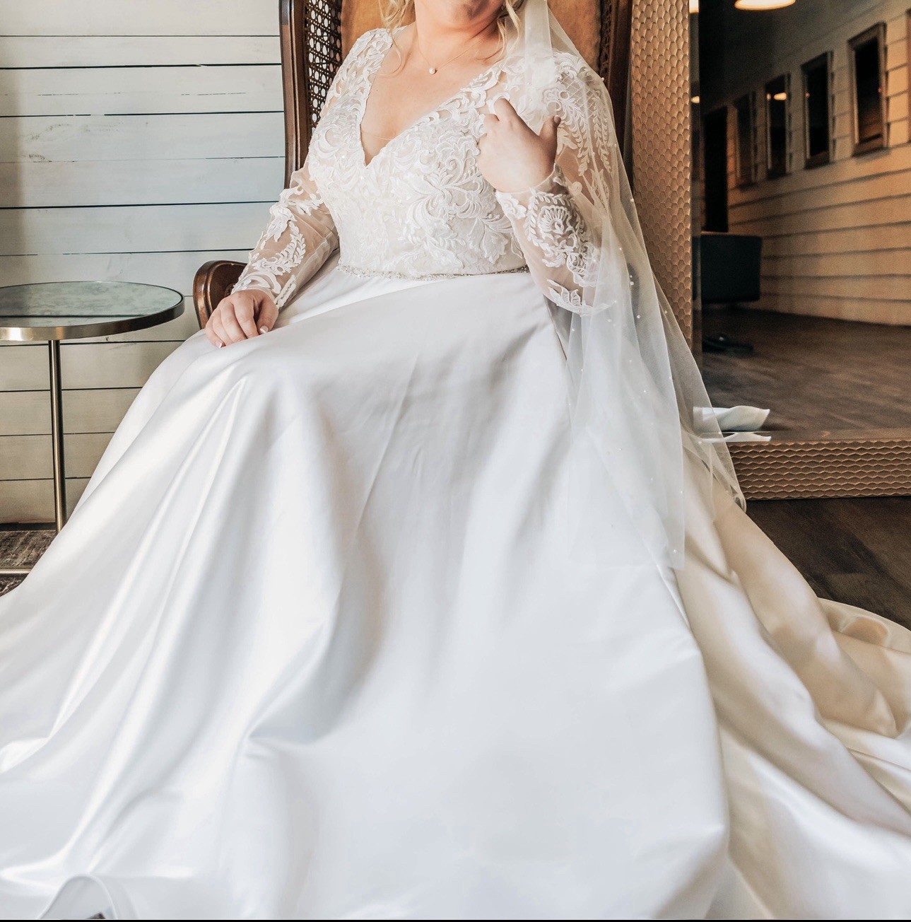 Oleg Cassini Long Sleeve Satin Appliqué Wedding Dress Style CWG908