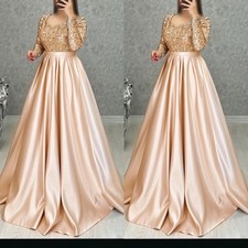 Champagne Sequin Long Sleeve Evening Dress Satin A-Line Formal Prom Ball Gown