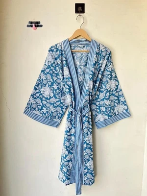 Indisch Blau Blumen Baumwolle Bademantel Langer Kimono Nachtwäsche Nacht Suit US - Bild 1 von 4