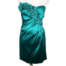 Maggy London Green Satin Rosette Strapless Prom 80's Style Mini Dress Size 4P