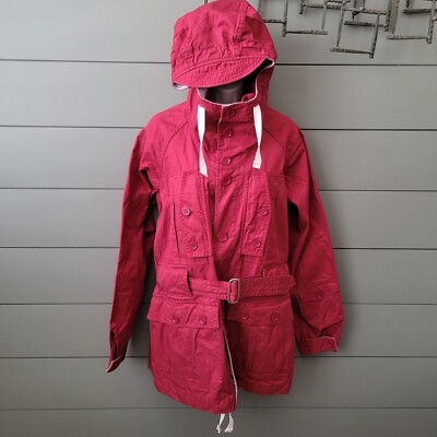 Engineered Garments Womens Parka Hooded Coat Belted Jacket Cotton Red Medium EUC