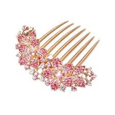 Women Rhinestone Inlaid Flower Hair Comb Hairpin Barrette Accessory,Also Pink