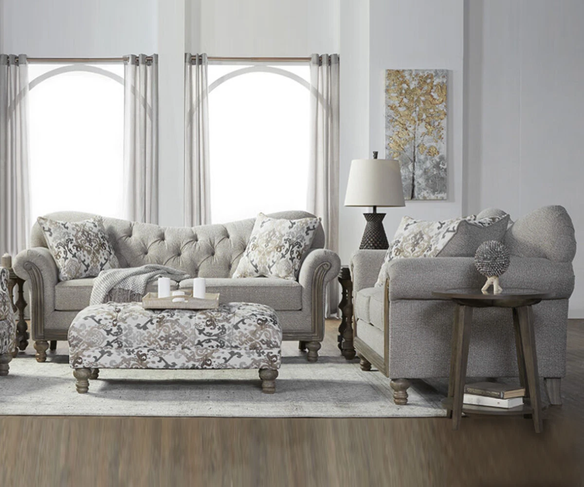 NEW Coastal 2PC Living Room Sofa Loveseat Set in Beige Fabric 4 Accent Pillows