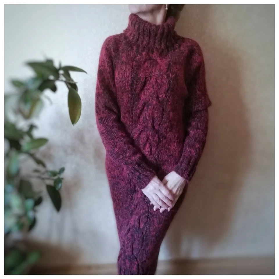 Mohair Women Knitted Dress Turtleneck Long Sweater Tunic Handmade Warm Boho Robe - Image 2 of 4