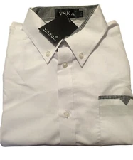 VSKA Mens NWT white LS dress shirt Black/white Plaid accent on front pkt XL