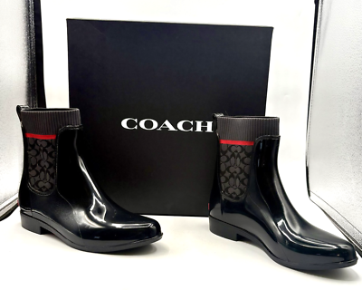 Coach Rivington Signature Knit Black Pull-On Ankle Rain Boots in Box Size  8B