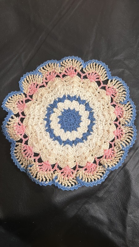 Crochet Potholder Trivet Blue Pink White Cream