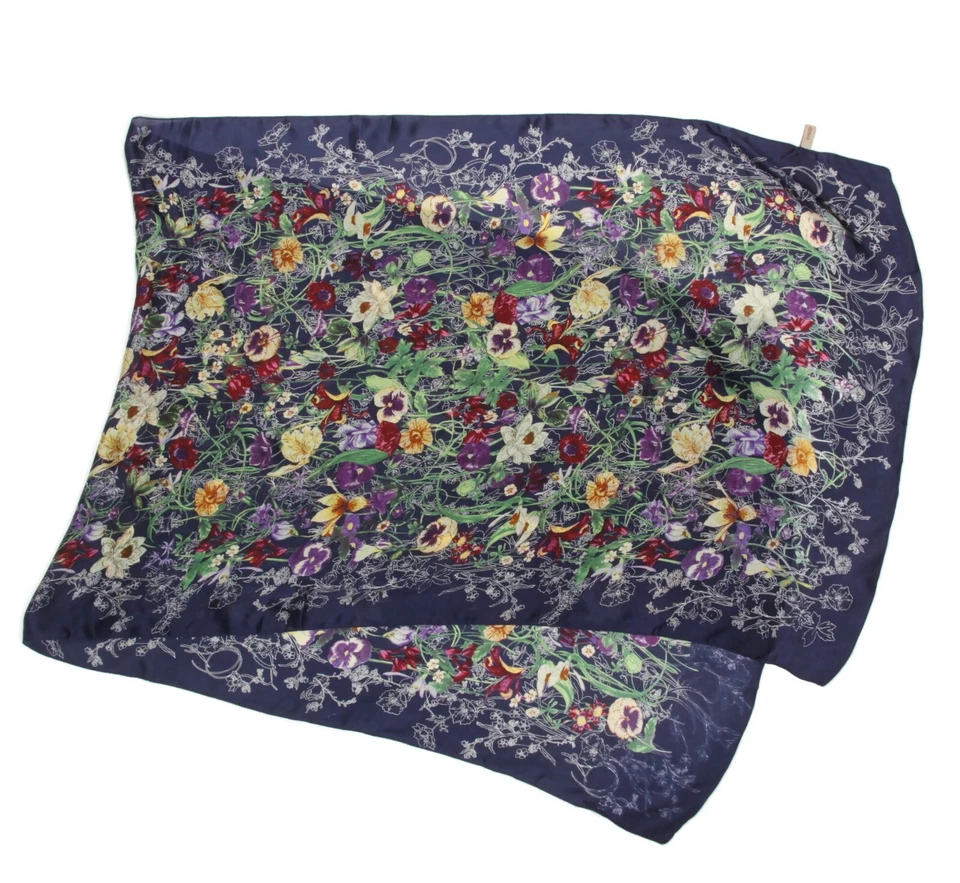 Bufanda de seda de jardín floral azul violeta bellamente ornamentada KENZO - 790 Foto 2 de 3