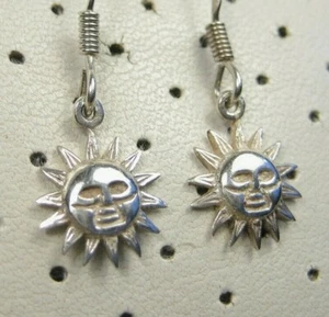 Vintage Hippie Sterling Silver Small Happy Sun Face Dangle Hook Earrings 925
