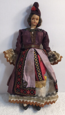 Vintage Ole French Doll purple red dress Modest