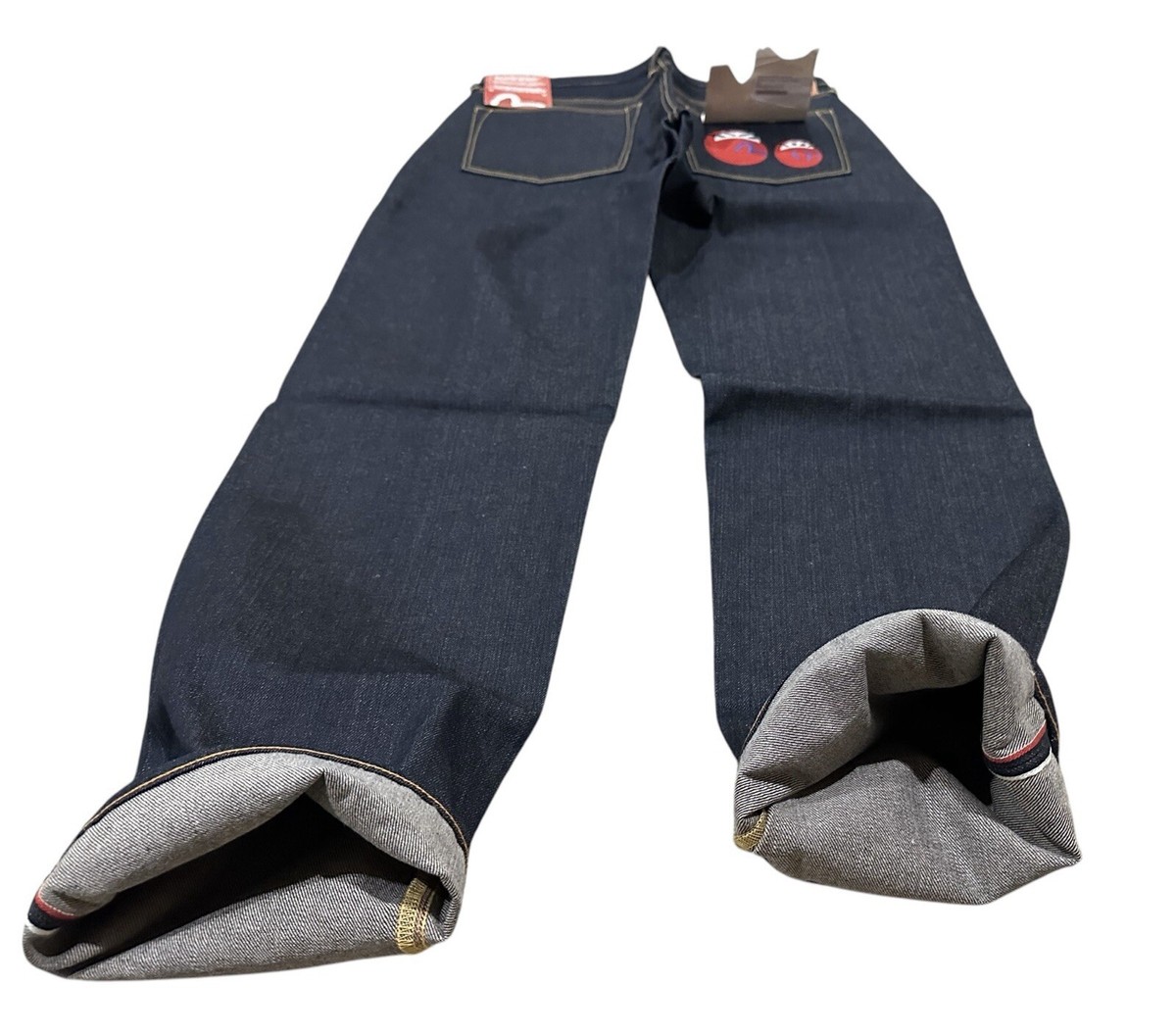 Vtg Evisu seldvage heritage denim with Japanese embroidered anime
