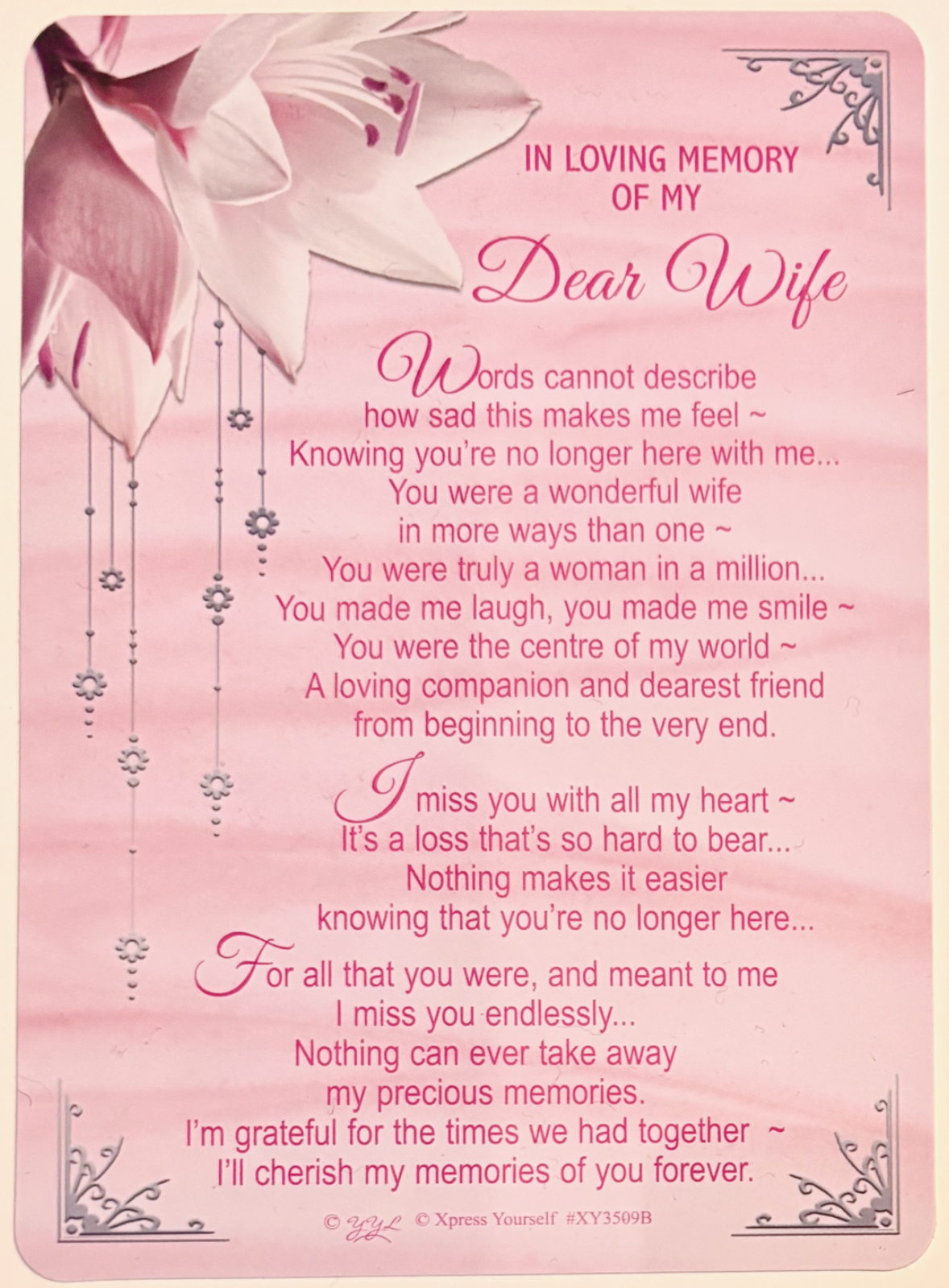 In loving memory of my dear Wife plastic wipe clean Graveside card, brand new