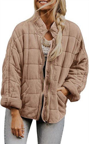 Zip Up Padded Jacket for Women Loose Quilted Long Sleeve Coat Stand Collar new - Picture 9 of 29
