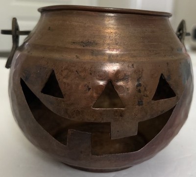 Vintage Copper & Brass Jack O Lantern Cauldron Kettle Candle Holder From Turkey